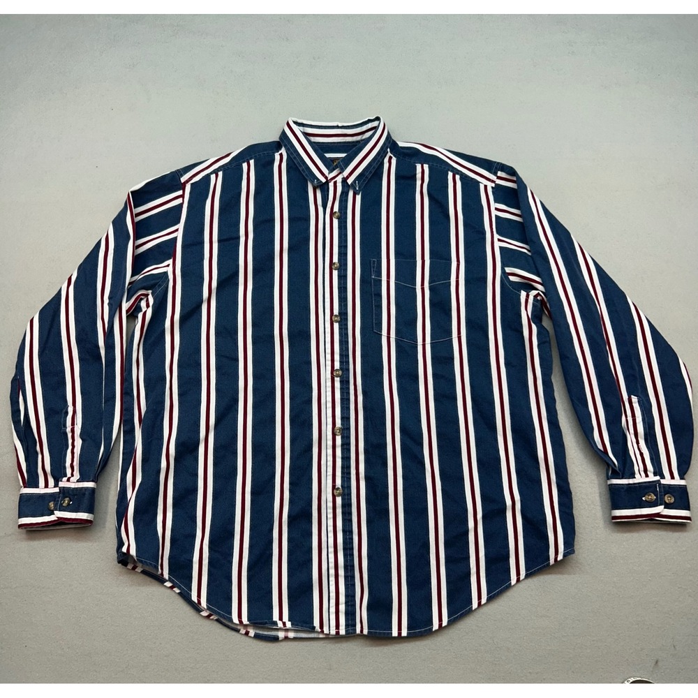 Route 66 Mens XL Long Sleeve Striped Button Down Shirt Navy Red White Cotton